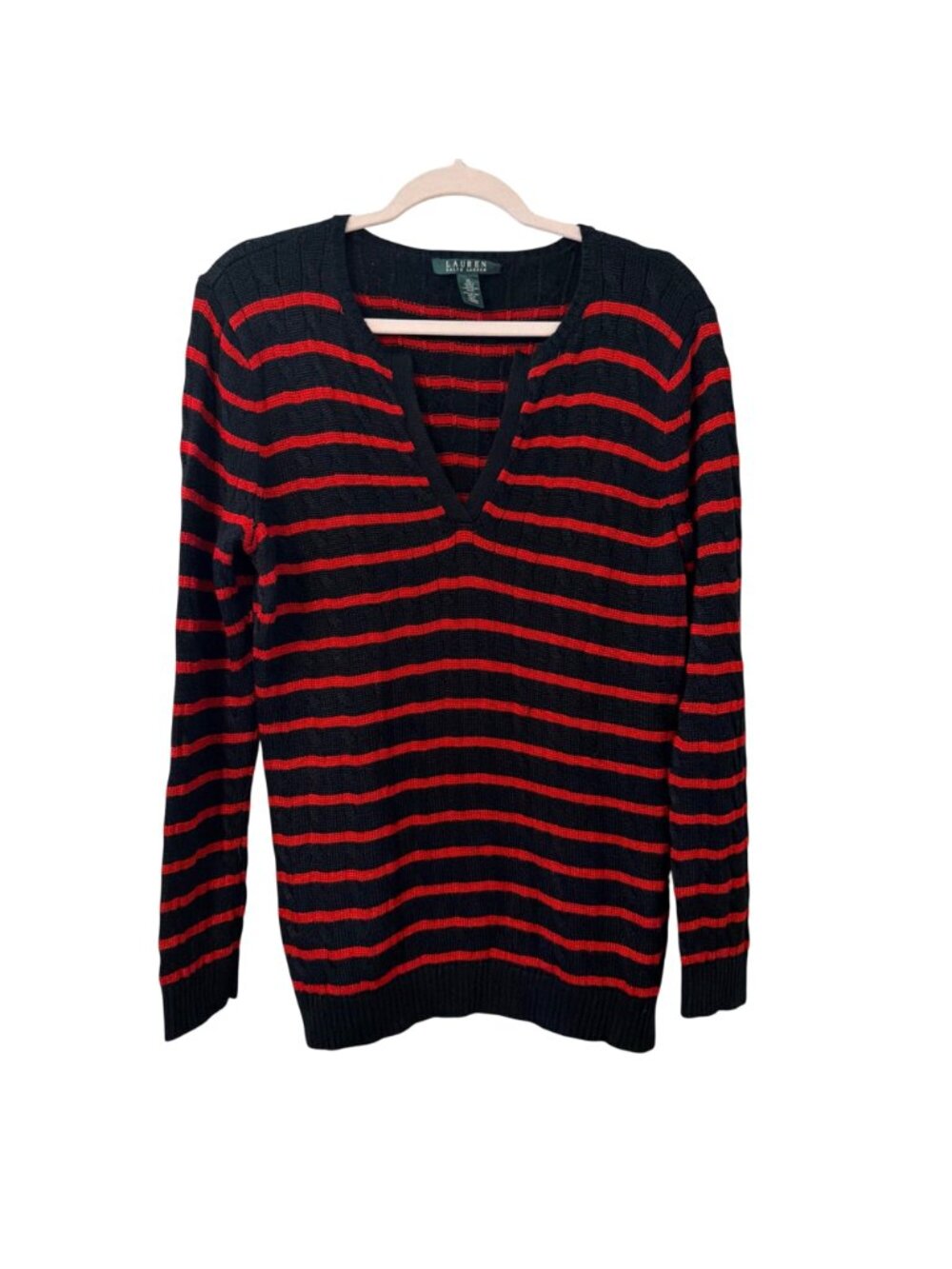 Lauren Ralph Lauren Black & Red Striped V-Neck Sweater XL Cotton Viscose Blend - Picture 3 of 12